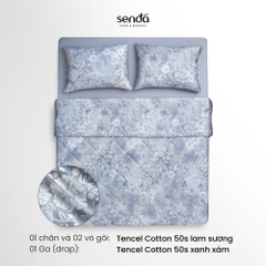 Bộ chăn ga gối 4 món (chăn chần bông) Tencel Cotton họa tiết - Lam sương