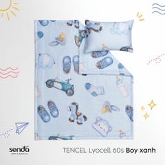 Bộ chăn gối cho bé đi học Lụa Tencel họa tiết - Boy xanh