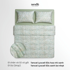 Bộ chăn ga gối 4 món (chăn chần bông) Lụa Tencel 60S họa tiết - Hoa nhí xanh