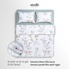 Bộ chăn ga gối 4 món (chăn chần bông) Tencel Cotton họa tiết - Lưu ly