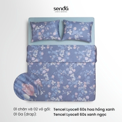 Bộ chăn ga gối 4 món (chăn chần bông) Lụa Tencel 60S họa tiết - Hoa hồng xanh