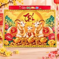 Tranh Tráng Gương 53*76 (Hình Thần Tài, Phật Di Lặc, Dê Sum Vầy, Ông Thọ)