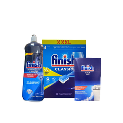 Combo viên rửa bát Finish Classic 90 viên Chanh + Muối 1.5 kg + Nước bóng 800ml Chanh