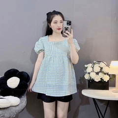 Áo bầu babydoll cho mẹ, mẫu kẻ hồng trẻ trung xinh xắn, cổ vuông, dây buộc nơ dễ thương