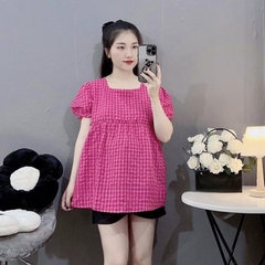 Áo bầu babydoll cho mẹ, mẫu kẻ hồng trẻ trung xinh xắn, cổ vuông, dây buộc nơ dễ thương