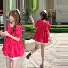 Áo bầu babydoll cho mẹ, mẫu kẻ hồng trẻ trung xinh xắn, cổ vuông, dây buộc nơ dễ thương