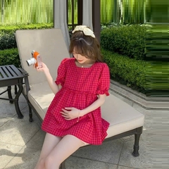 Áo bầu babydoll cho mẹ, mẫu kẻ hồng trẻ trung xinh xắn, cổ vuông, dây buộc nơ dễ thương