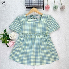 Áo bầu babydoll cho mẹ, mẫu kẻ hồng trẻ trung xinh xắn, cổ vuông, dây buộc nơ dễ thương