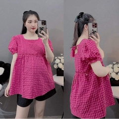 Áo bầu babydoll cho mẹ, mẫu kẻ hồng trẻ trung xinh xắn, cổ vuông, dây buộc nơ dễ thương