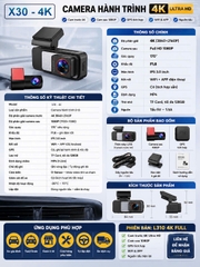 Camera Hành Trình Ô Tô X30 - 4K Ultra HD  Ghi Hình Trước Sau, Tích Hợp GPS Tốc Độ, Kết Nối Wifi Điện Thoại