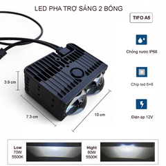 ĐÈN LED PHA TRỢ SÁNG TIFO A5 – 2 BÓNG – CHIP 6+6 – CÔNG SUẤT 70W/80W – CHỐNG NƯỚC IP68