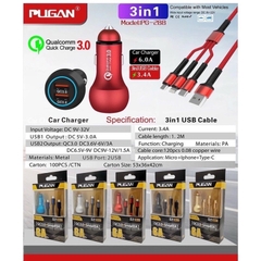 Tẩu sạc điện thoại siêu nhanh kèm dây sạc 3 đầu cắm ô tô PUGAN 6A QC 3.0