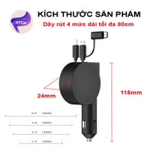 Sạc điện thoại ô tô, tẩu sạc nhanh 3 đầu dây rút gọn