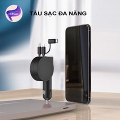 Sạc điện thoại ô tô, tẩu sạc nhanh 3 đầu dây rút gọn