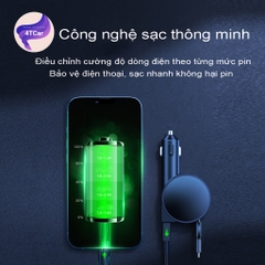 Sạc điện thoại ô tô, tẩu sạc nhanh 3 đầu dây rút gọn