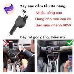 Sạc điện thoại ô tô, tẩu sạc nhanh 3 đầu dây rút gọn