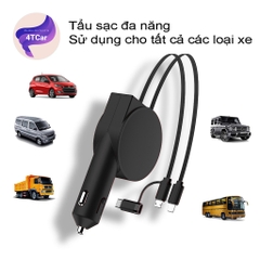 Sạc điện thoại ô tô, tẩu sạc nhanh 3 đầu dây rút gọn