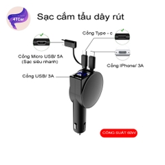 Sạc điện thoại ô tô, tẩu sạc nhanh 3 đầu dây rút gọn
