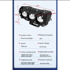 Đèn LED trợ sáng 3 mắt bi cầu mẫu mới chất lượng cao, pha trắng cos vàng chung điện áp 12/24v cho ô tô - xe máy - xe tải