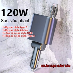 Tẩu sạc ô tô siêu nhanh, dây rút gọn có đồng hồ led hiển thị nguồn điện