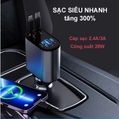 Tẩu sạc ô tô siêu nhanh, dây rút gọn có đồng hồ led hiển thị nguồn điện