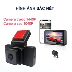 Camera hành trình ô tô trước sau cao cấp, hình ảnh chất lượng cao, kết nối wifi điện thoại, có màn hình hiển thị.