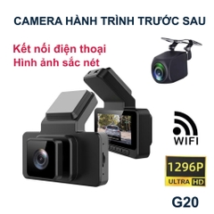 Camera hành trình ô tô trước sau cao cấp, hình ảnh chất lượng cao, kết nối wifi điện thoại, có màn hình hiển thị.