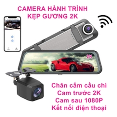 Camera hành trình kẹp gương chiếu hậu 2K màn hình lớn kèm camera lùi, kết nối điện thoại