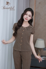 Y928A Lụa Mango quần dài NÂU đan cổ bèo