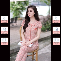 Y657E Lụa Mango tay cộc CAM hoa nhí cổ sen quần dài