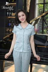 Y907D Lụa Satin quần dài XANH chấm tim cổ V lượn