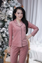Y611B Nhung tuyết tay dài HỒNG trơn viền xám cổ PJM
