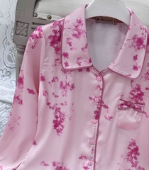 Y839A Lụa Satin HỒNG hoa tay dài cổ vòng