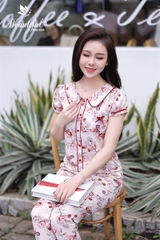 Y456A Lụa Mango quần dài hoa ĐỎ BE cổ sen túi nơ tay cộc