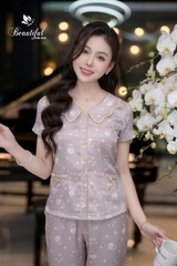 Y654A Lụa Vân tay cộc NÂU mèo cổ lượn 2 tầng
