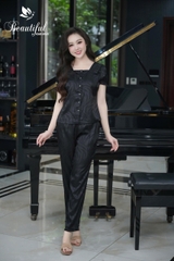 Y920D Lụa Gấm quần dài ĐEN vân lá nơ cổ vuông