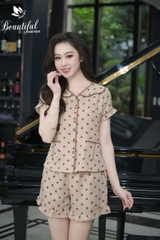Y918C Đũi quần đùi NÂU chấm bi cổ lượn