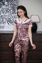 Y910C Lụa gấm quần dài NÂU vằn cổ phối ren tay cộc