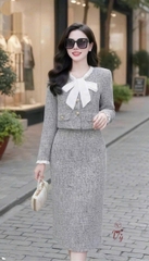 V01E-L Set váy bút chì GHI cổ buộc nơ