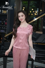 Y920C Lụa Gấm quần dài HỒNG vân lá nơ cổ vuông
