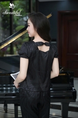 Y920D Lụa Gấm quần dài ĐEN vân lá nơ cổ vuông