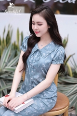 Y742A Lụa Satin quần lỡ XANH HOA cổ bèo dây