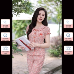 Y657E Lụa Mango tay cộc CAM hoa nhí cổ sen quần dài