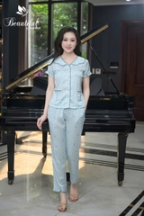 Y907D Lụa Satin quần dài XANH chấm tim cổ V lượn