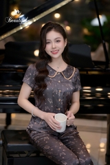 Y652B Lụa Satin tay cộc NÂU hồ điệp cổ sen