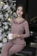 Y594F Lụa Mango tay dài chấm bi NÂU cổ bèo quần dài