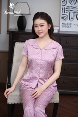 Y907C Lụa Satin quần dài TÍM chấm tim cổ V lượn