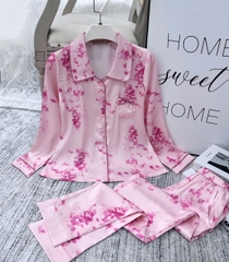 Y839A Lụa Satin HỒNG hoa tay dài cổ vòng