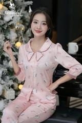 Y589D Lụa vân đám mây tay lỡ HỒNG cổ vòng nơ