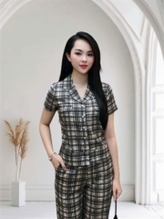 Y727B Lụa Mango quần xuông dài XANH KẺ PJM tay cộc